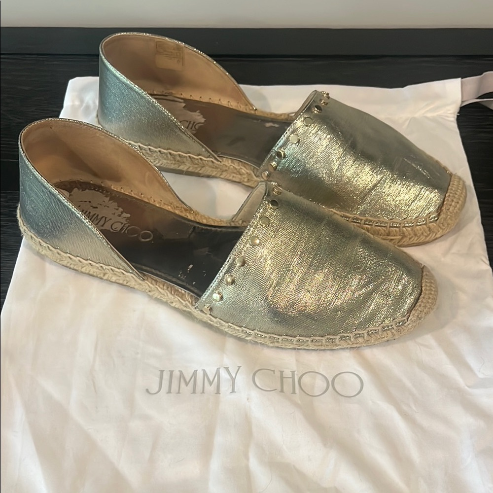 Jimmy Choo Gold Espadrille Shoes with Shimmering Finish